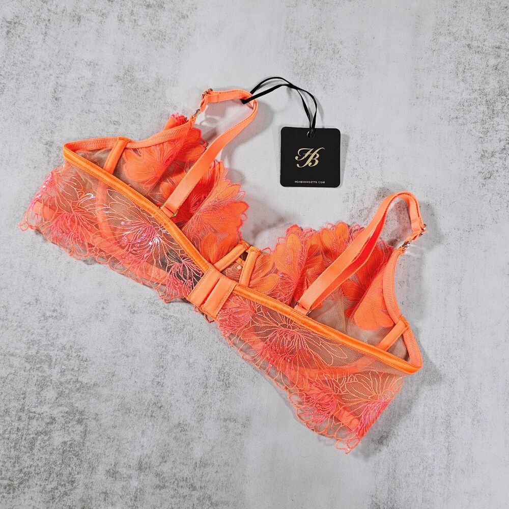 Honey Birdette Britt Neon Orange Sheer Underwire Floral Bra Size 38D - Picture 2 of 5